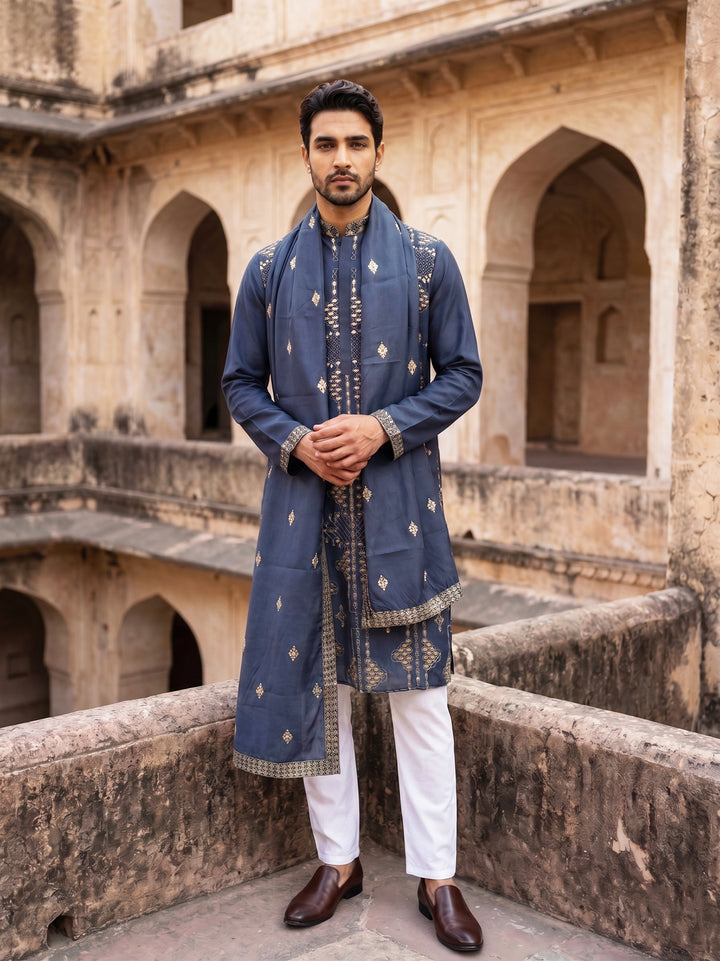 Men’S Embroidered Kurta Pyjama With Dupatta Set