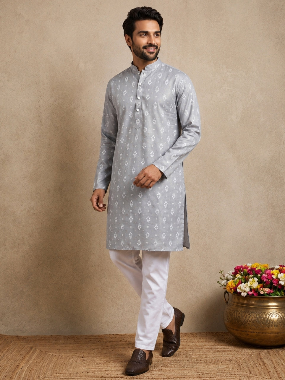 Men’S Foil Print Traditional Kurta Pyjama