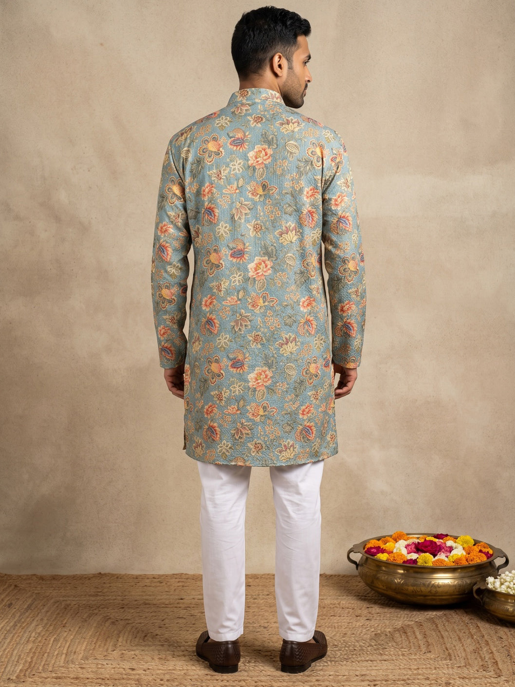Floral Print &amp; Thread Work Kurta Pyjama Set