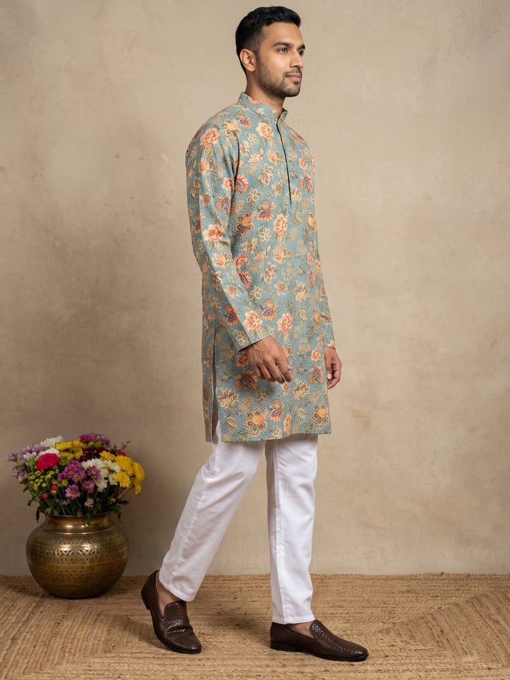 Floral Print &amp; Thread Work Kurta Pyjama Set