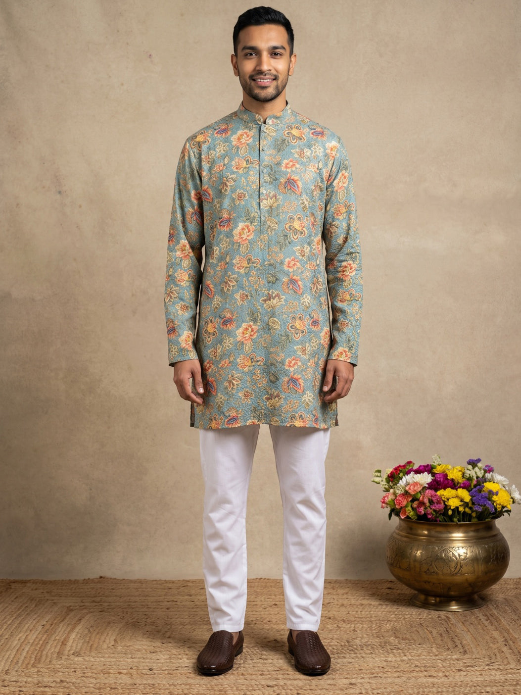 Floral Print &amp; Thread Work Kurta Pyjama Set