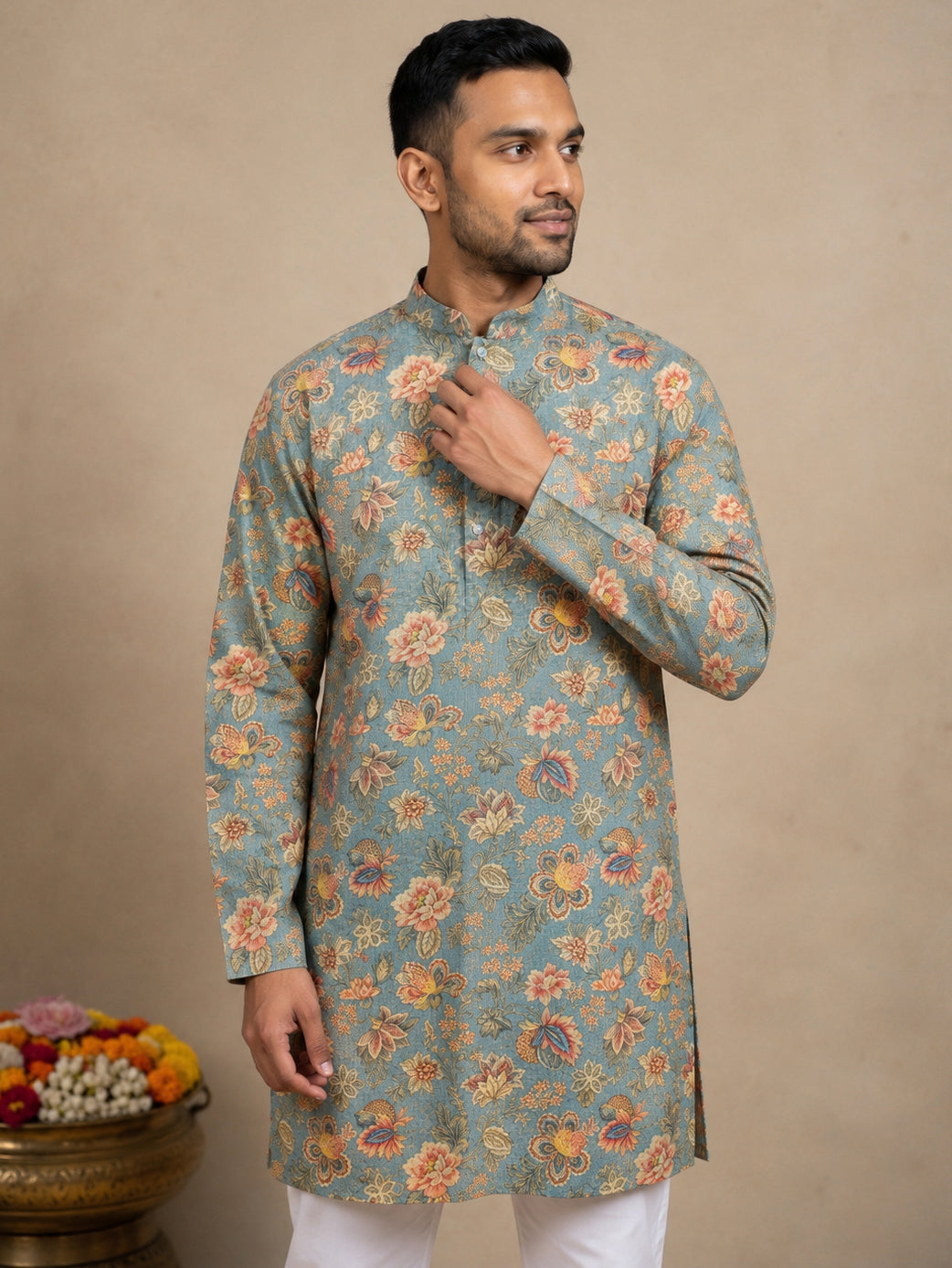 Floral Print &amp; Thread Work Kurta Pyjama Set