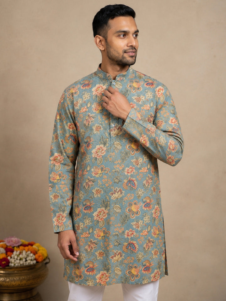 Floral Print &amp; Thread Work Kurta Pyjama Set