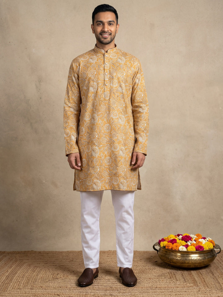 Floral Print &amp; Thread Work Kurta Pyjama Set