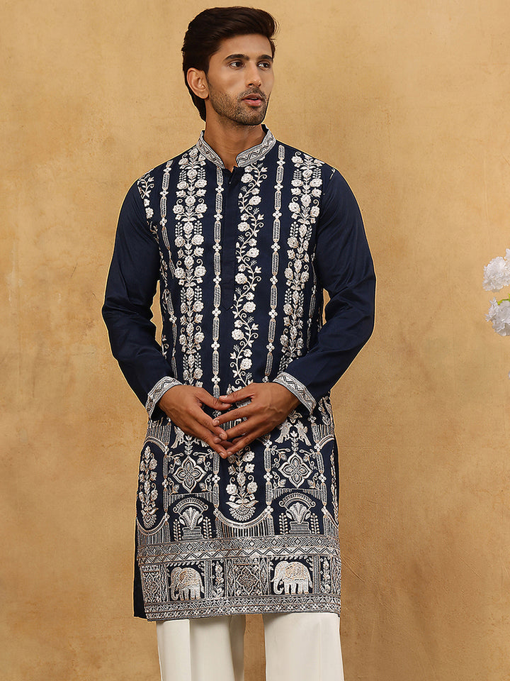 Men Silk Blend Embroidered Kurta