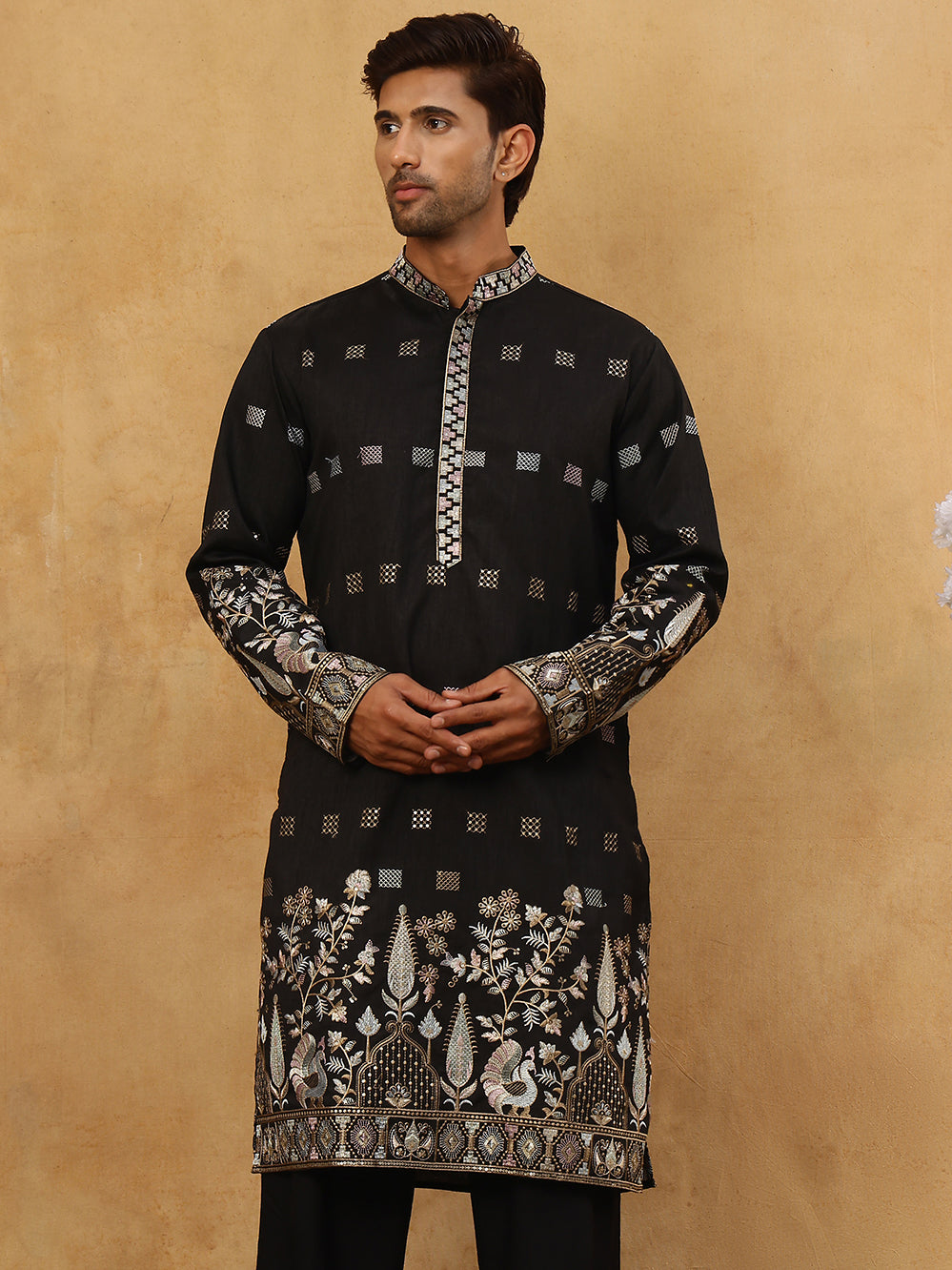 Men Silk Blend Embroidered Kurta