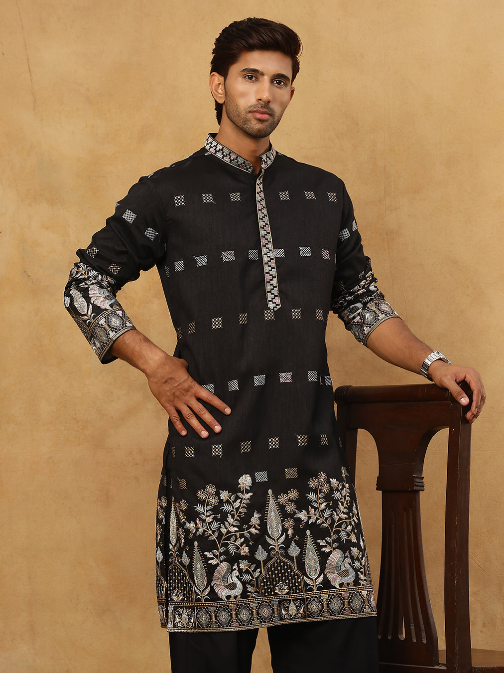 Men Silk Blend Embroidered Kurta