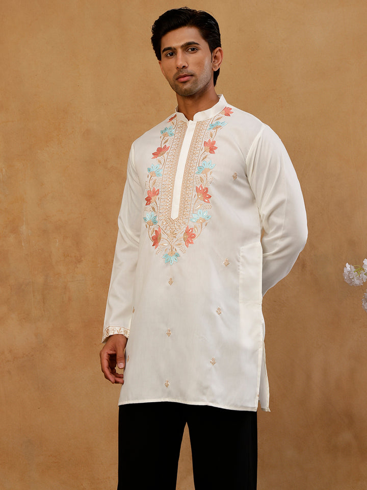 Cotton Blend Floral Embroidered Kurta