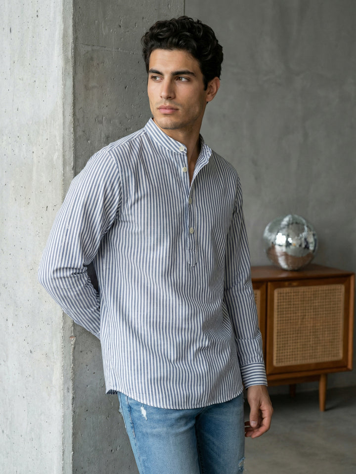 Men’S Blue Striped Short Kurta