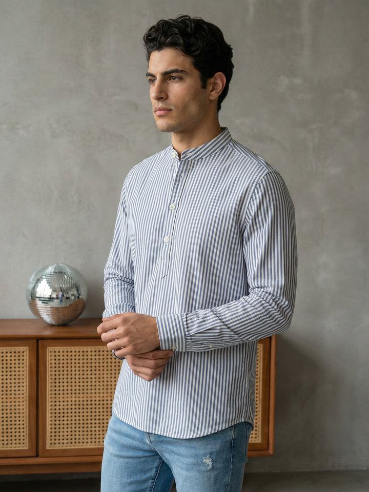 Men’S Blue Striped Short Kurta