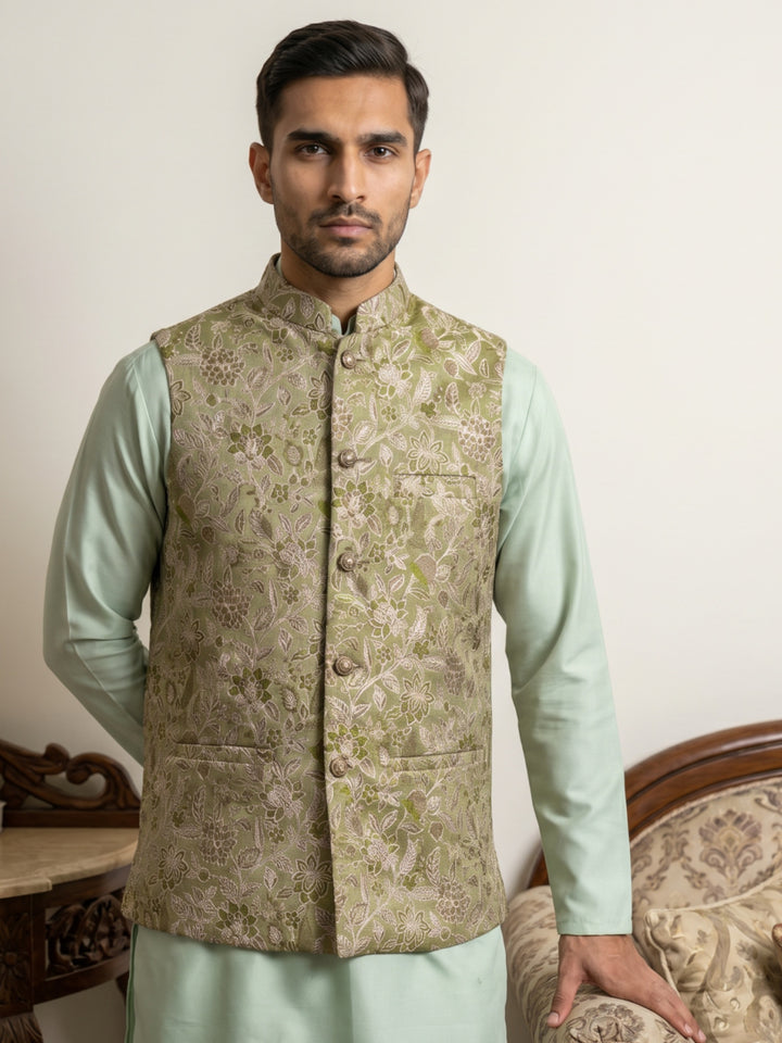 Men Floral Woven Silk Blend Nehru Jacket