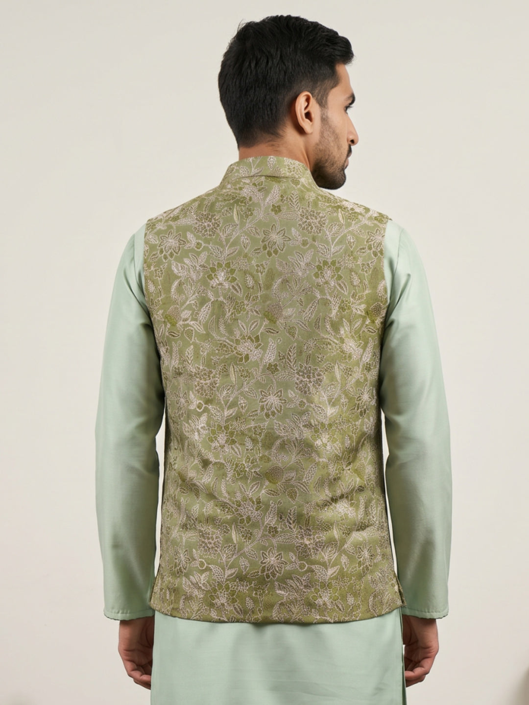 Men Floral Woven Silk Blend Nehru Jacket
