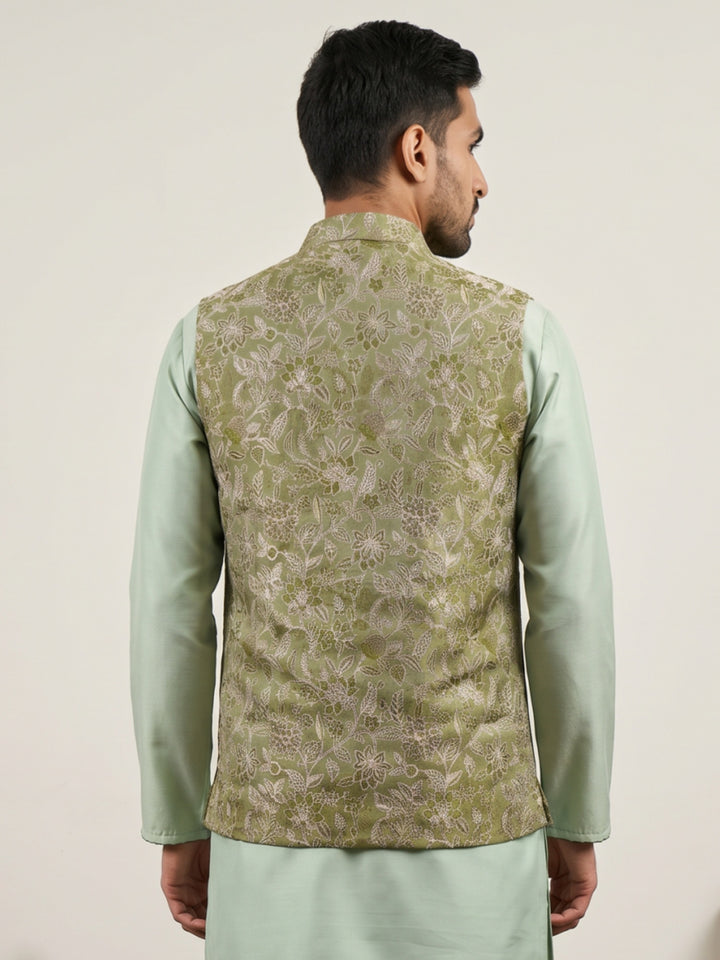 Men Floral Woven Silk Blend Nehru Jacket