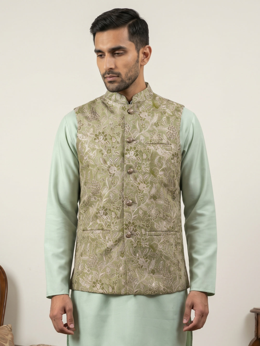 Men Floral Woven Silk Blend Nehru Jacket