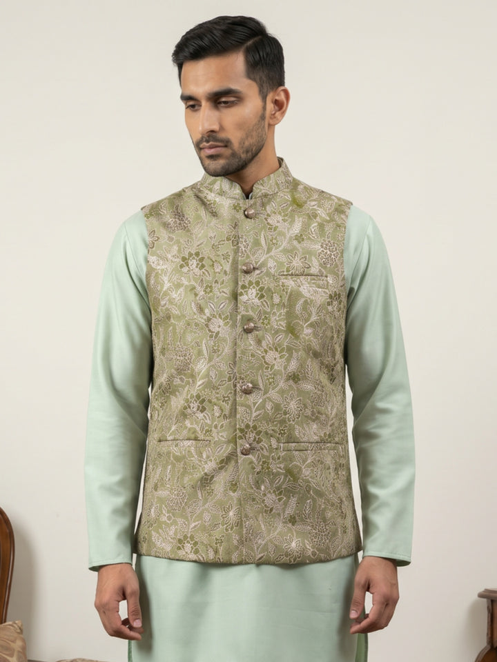 Men Floral Woven Silk Blend Nehru Jacket