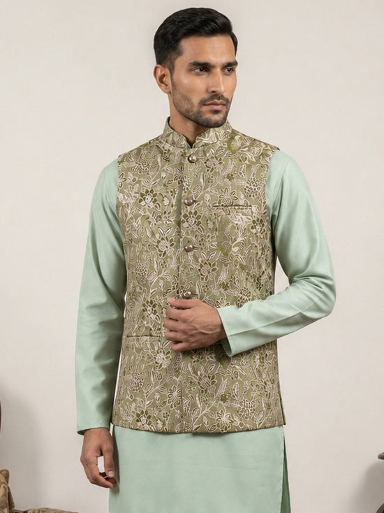 Men Floral Woven Silk Blend Nehru Jacket