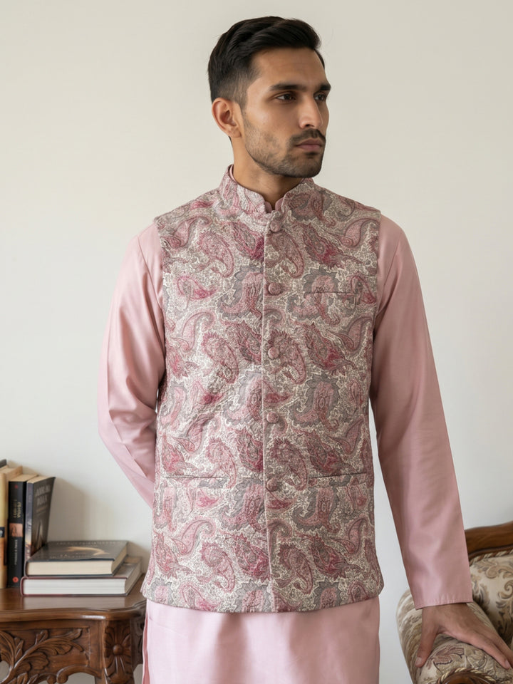 Men Paisley Embroidered Cotton Blend Nehru Jacket