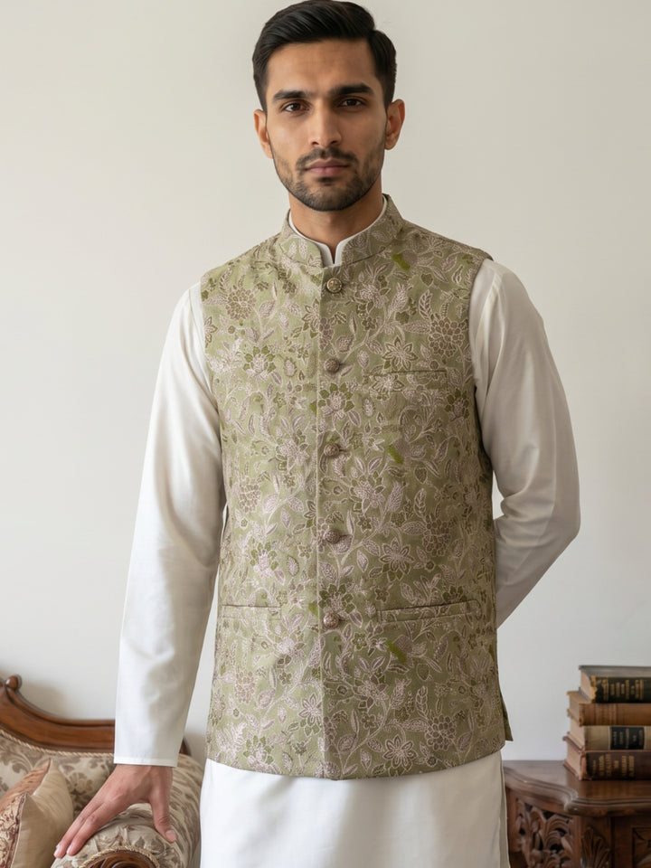 Men Floral Woven Silk Blend Nehru Jacket