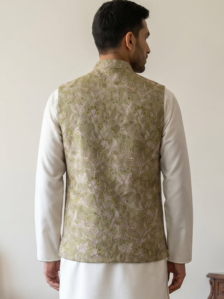 Men Floral Woven Silk Blend Nehru Jacket
