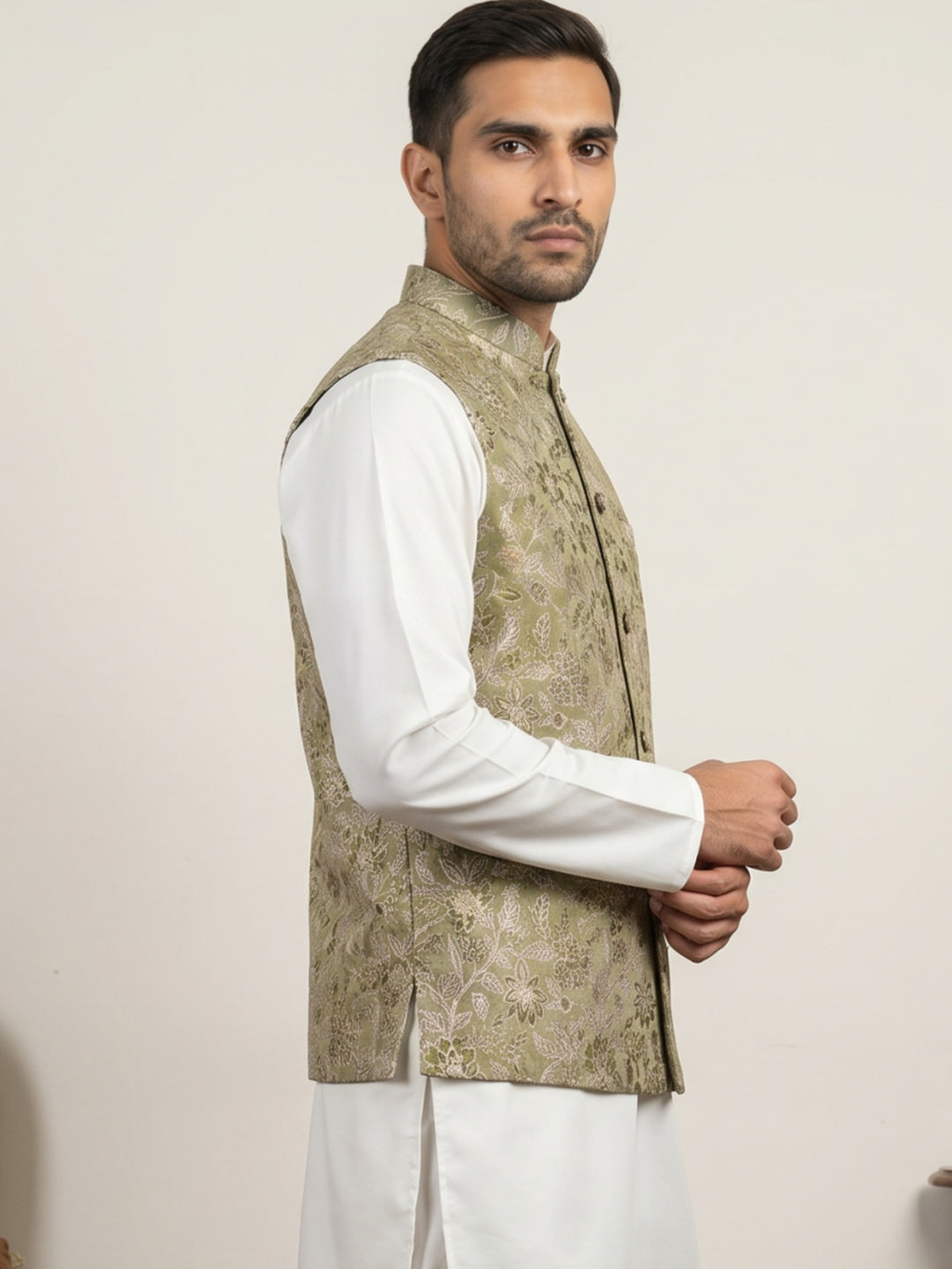 Men Floral Woven Silk Blend Nehru Jacket
