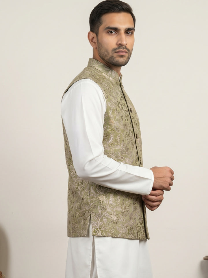 Men Floral Woven Silk Blend Nehru Jacket