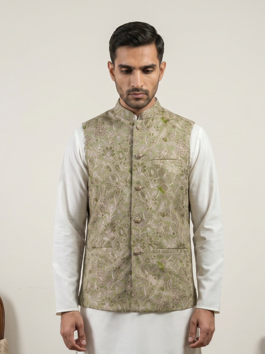 Men Floral Woven Silk Blend Nehru Jacket