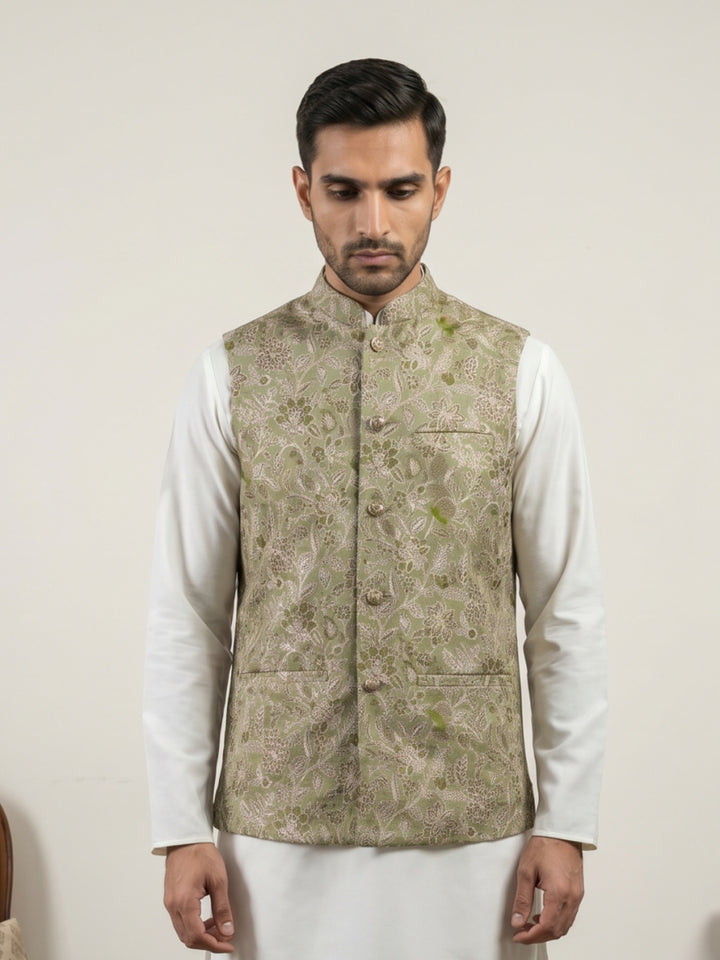 Men Floral Woven Silk Blend Nehru Jacket