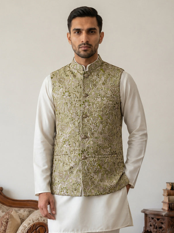 Men Floral Woven Silk Blend Nehru Jacket