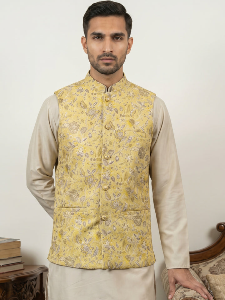 Men Floral Woven Silk Blend Nehru Jacket