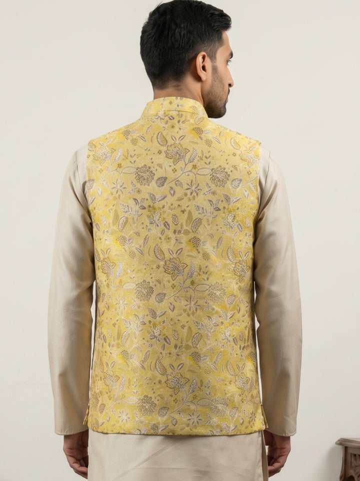 Men Floral Woven Silk Blend Nehru Jacket