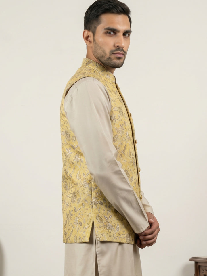 Men Floral Woven Silk Blend Nehru Jacket