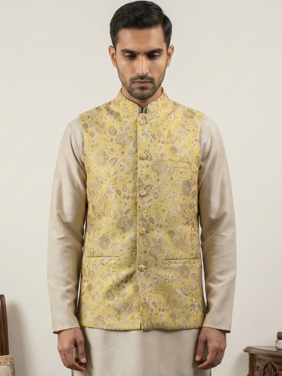 Men Floral Woven Silk Blend Nehru Jacket
