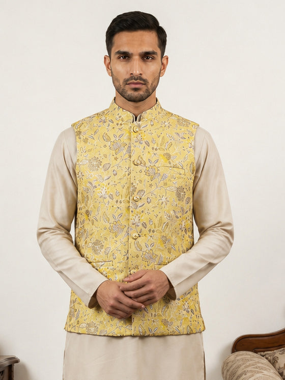 Men Floral Woven Silk Blend Nehru Jacket