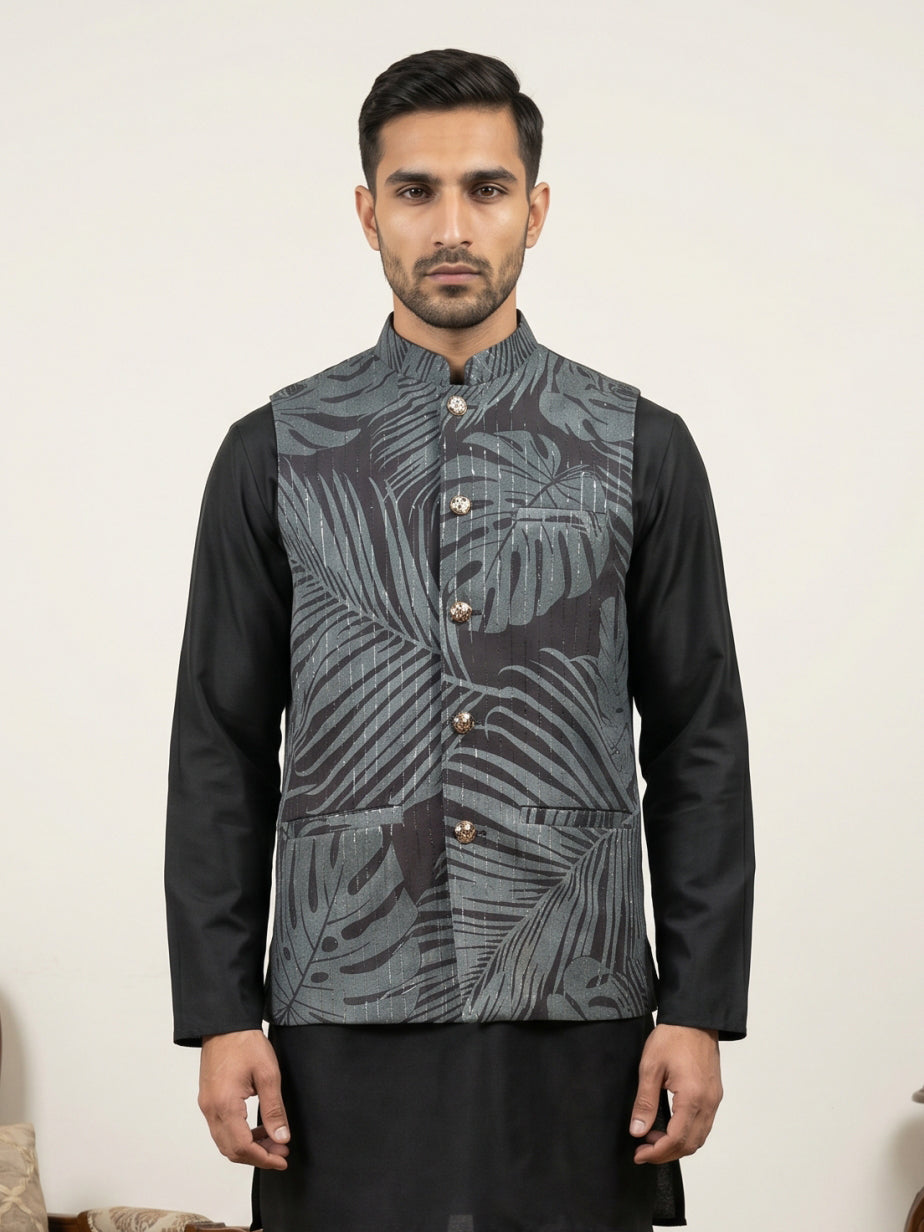 Cotton Blend Botanical Print Nehru Jacket