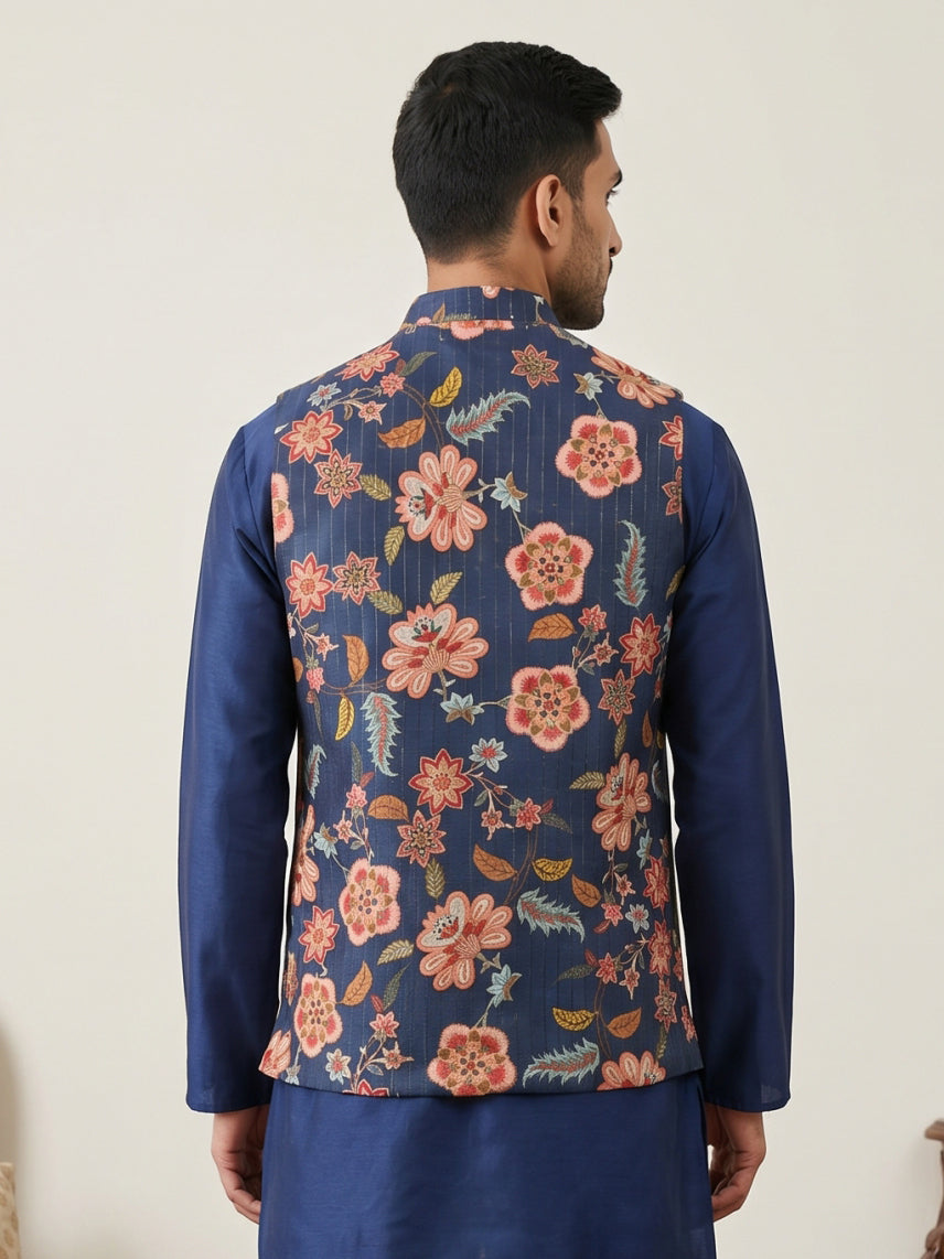 Cotton Blend Floral Printed Nehru Jacket