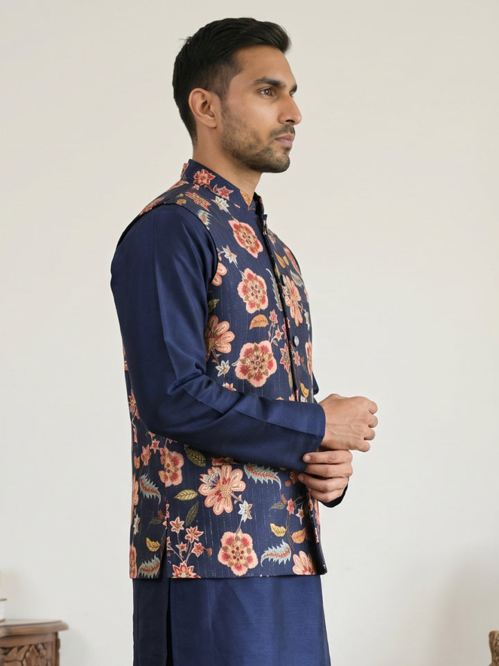 Cotton Blend Floral Printed Nehru Jacket