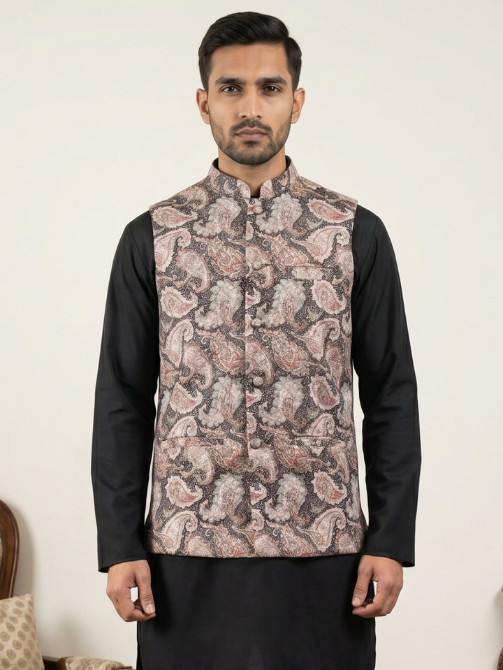Men Paisley Embroidered Cotton Blend Nehru Jacket