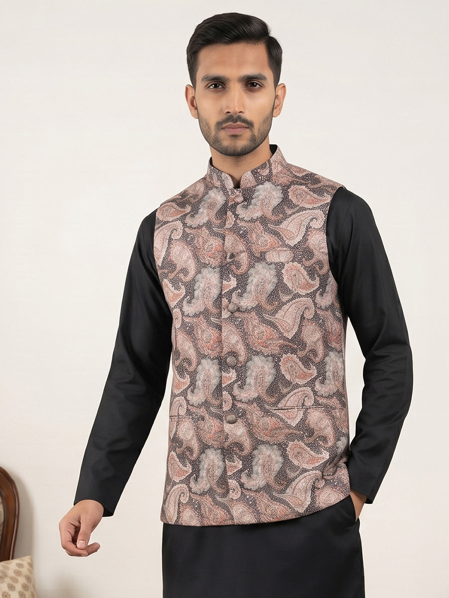 Men Paisley Embroidered Cotton Blend Nehru Jacket