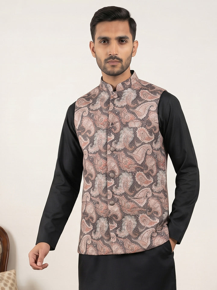 Men Paisley Embroidered Cotton Blend Nehru Jacket
