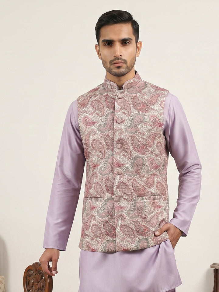 Men Paisley Embroidered Cotton Blend Nehru Jacket