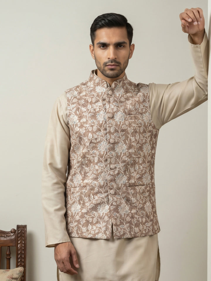 Men Floral Embroidered Cotton Blend Nehru Jacket