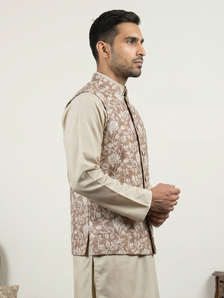 Men Floral Embroidered Cotton Blend Nehru Jacket