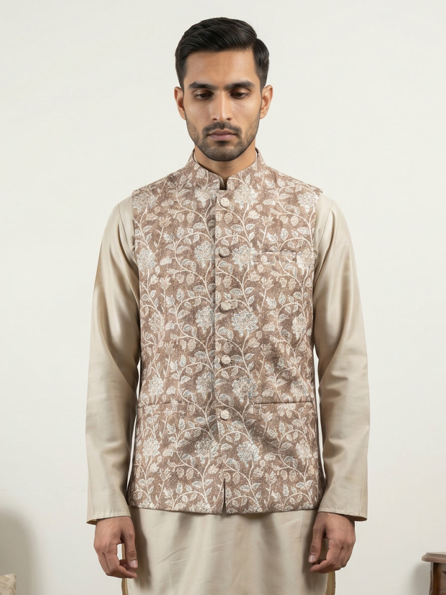 Men Floral Embroidered Cotton Blend Nehru Jacket