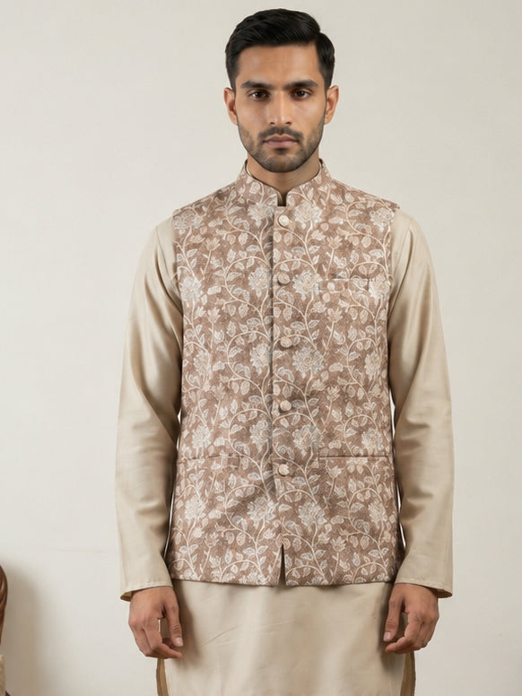 Men Floral Embroidered Cotton Blend Nehru Jacket