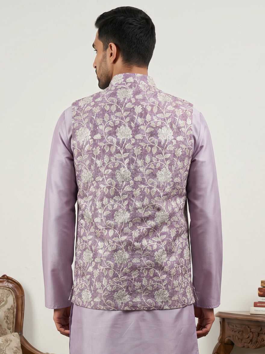 Men Floral Embroidered Cotton Blend Nehru Jacket