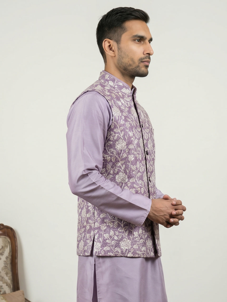 Men Floral Embroidered Cotton Blend Nehru Jacket
