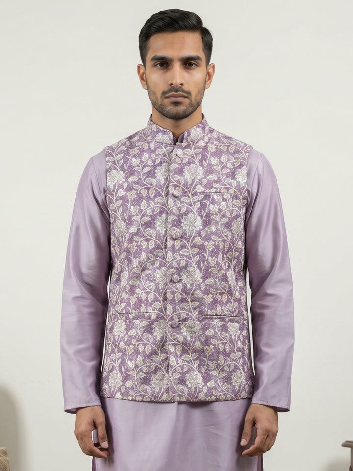 Men Floral Embroidered Cotton Blend Nehru Jacket