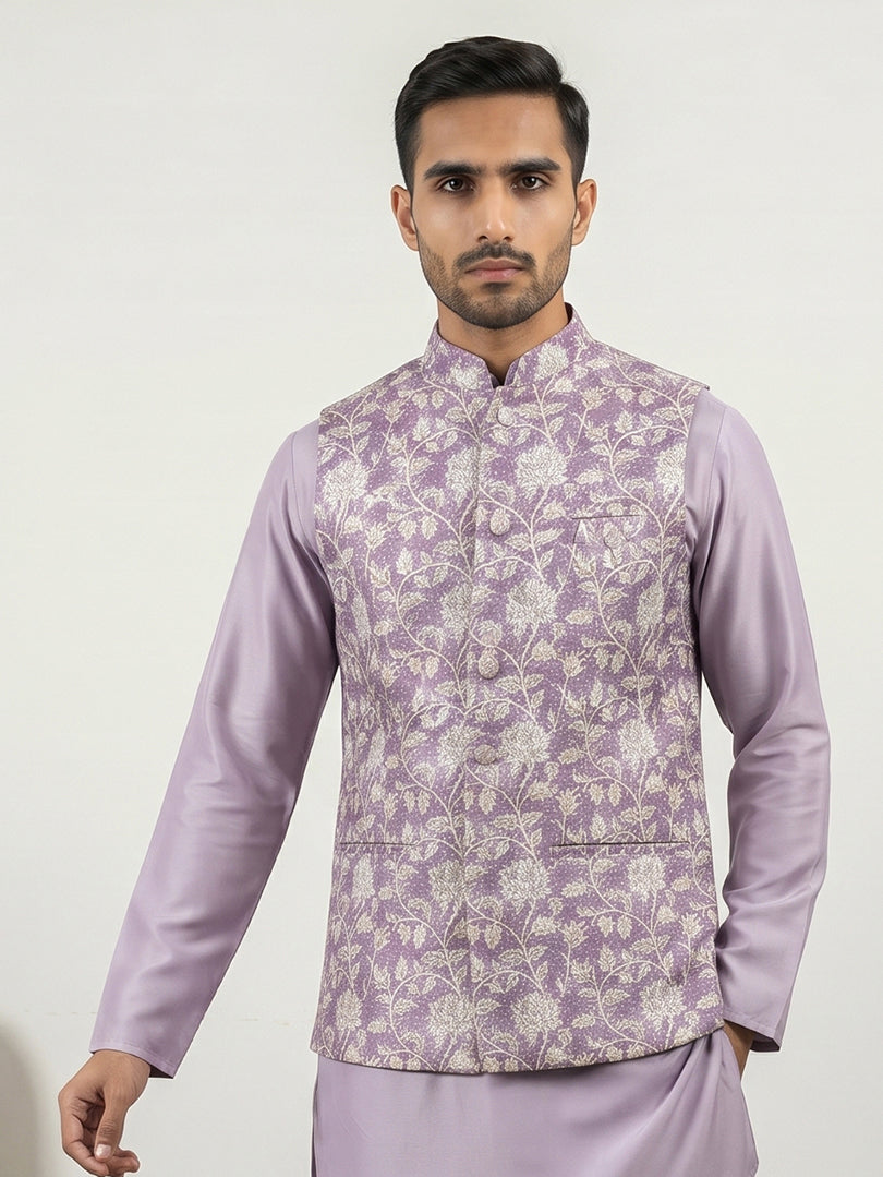 Men Floral Embroidered Cotton Blend Nehru Jacket