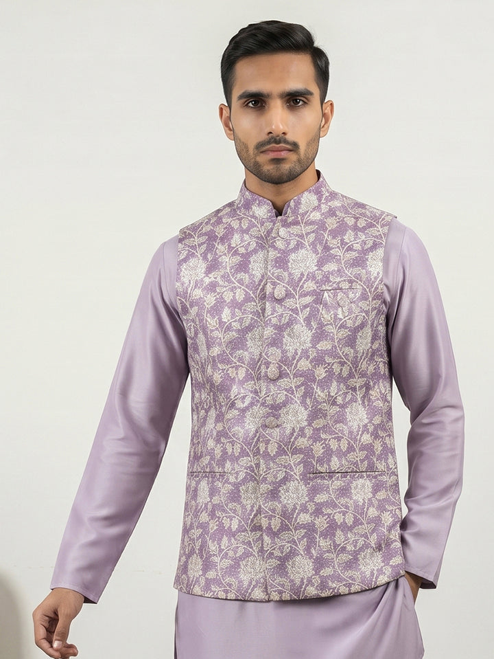 Men Floral Embroidered Cotton Blend Nehru Jacket