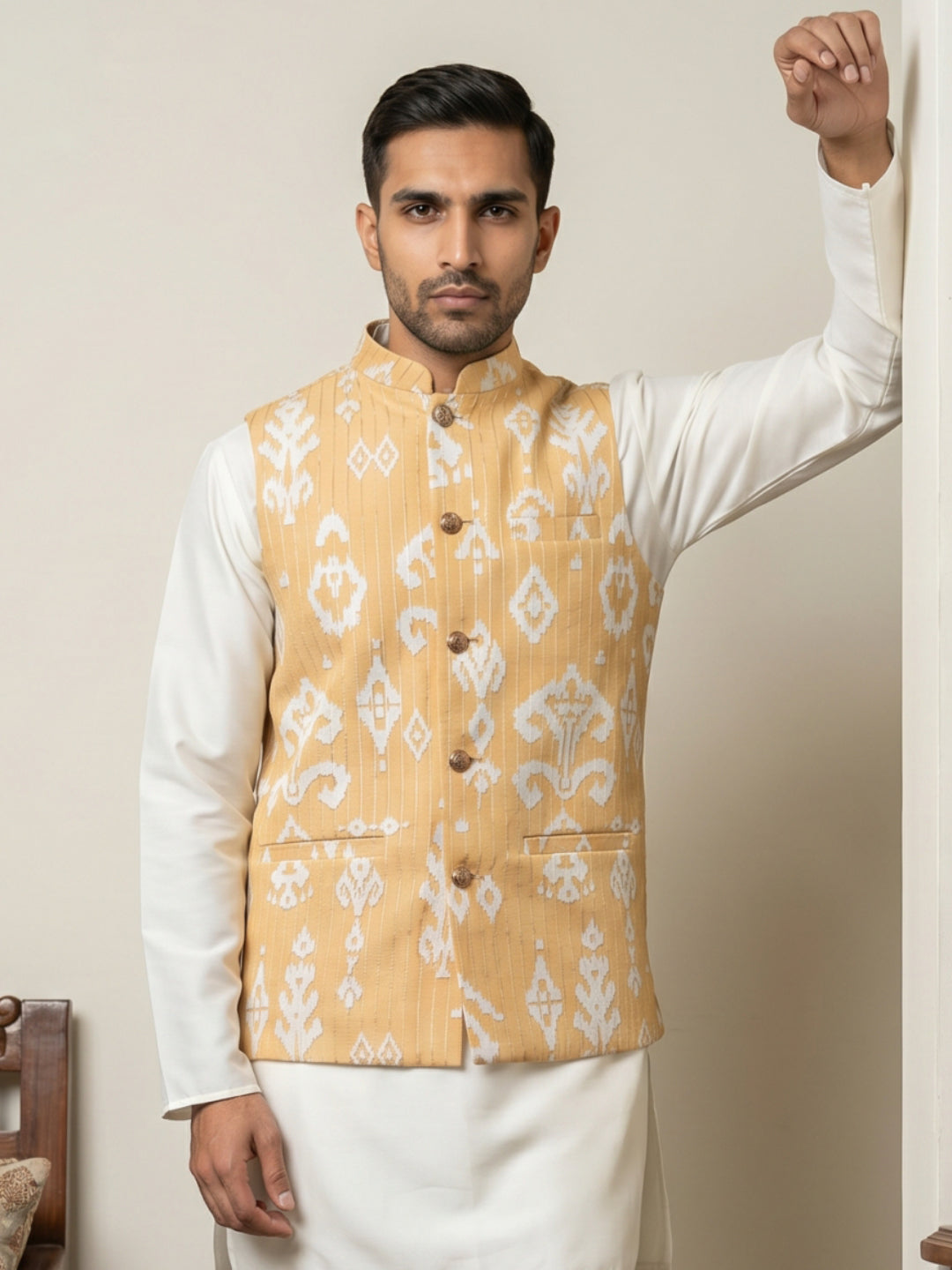 Men Ikat Printed Cotton Blend Nehru Jacket